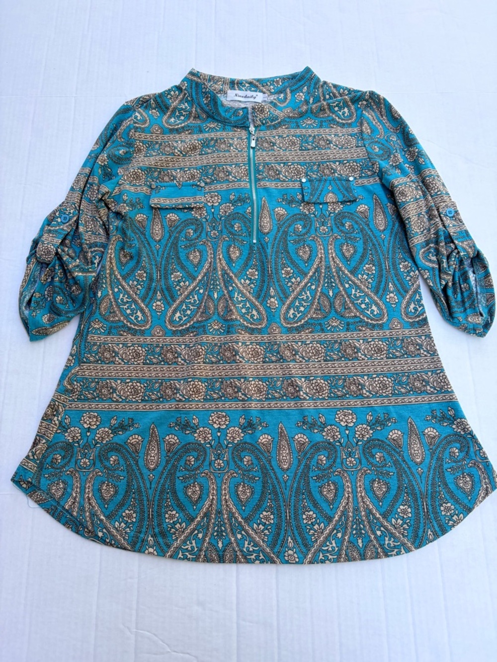 Ninedaily Teal Paisley Zip-Front Tunic Blouse